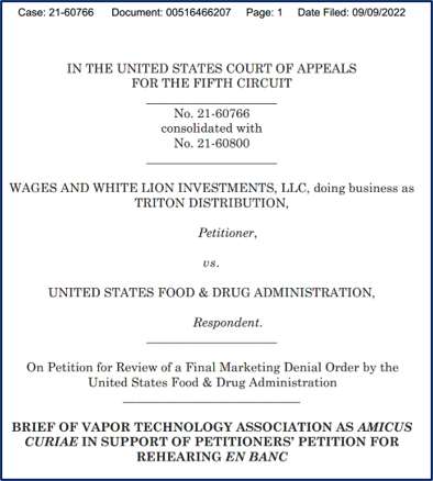 5th circuit hearing in the case Wages & White Lion Investments, a/k/a/ Triton Distribution v. FDA. 